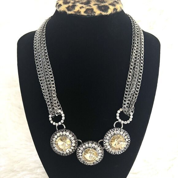 JCPENNEY'S‎ FAUX CITRINE RHINESTONE GLASS SILVER TONE CHOKER LAYERED NECKLACE - Picture 2 of 9